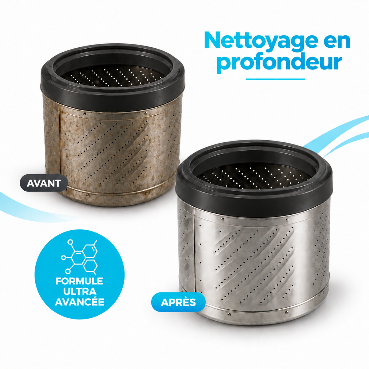 Illustration : tambour sale avant, formule avancée et tambour propre après