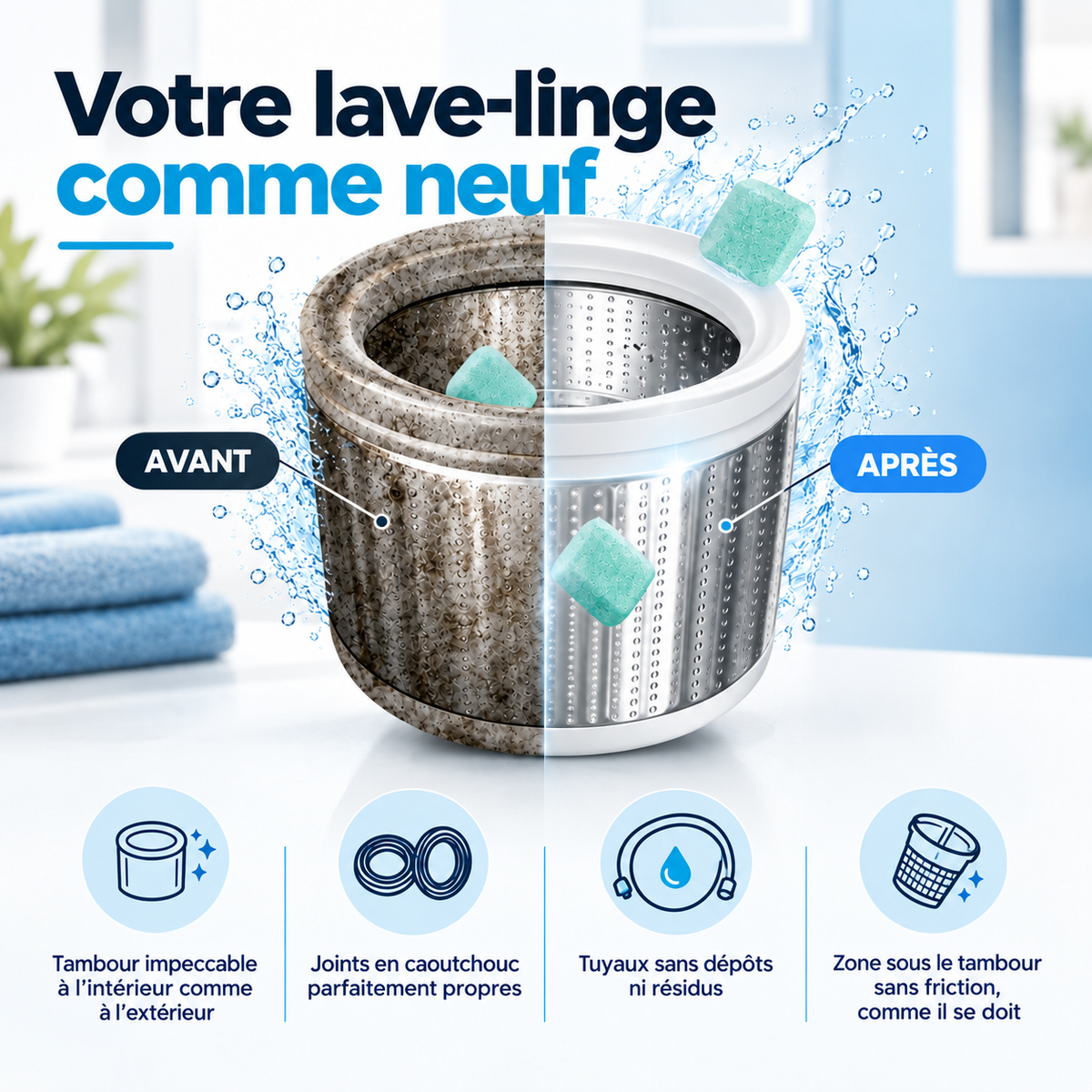 Lave-linge avant et après nettoyage avec Renly Pro