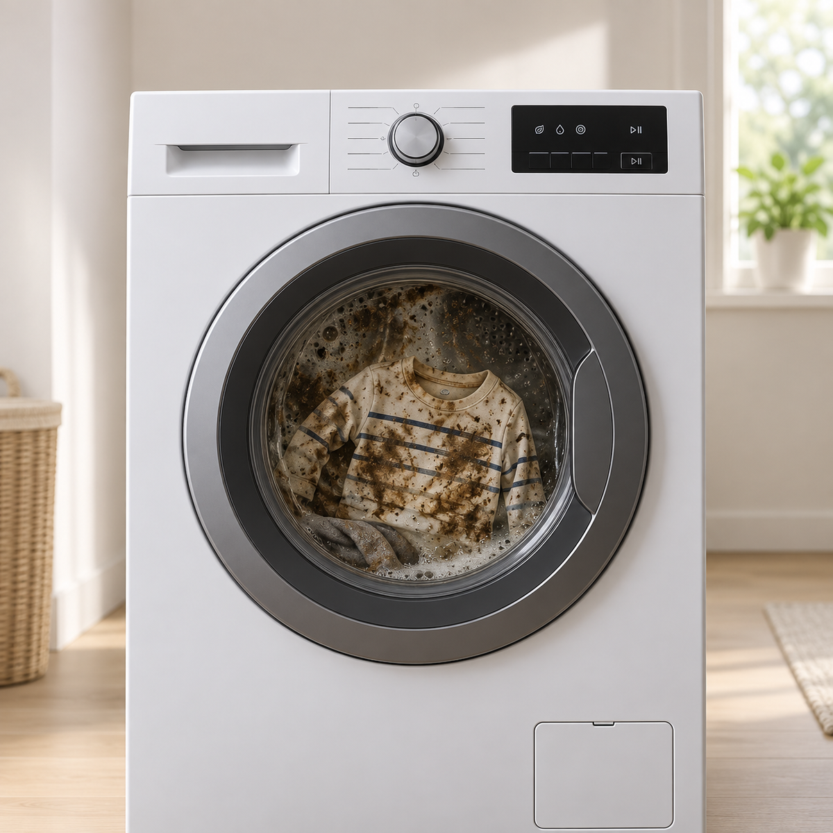Image conceptuelle d’une machine à laver sale avec un vêtement taché derrière la porte